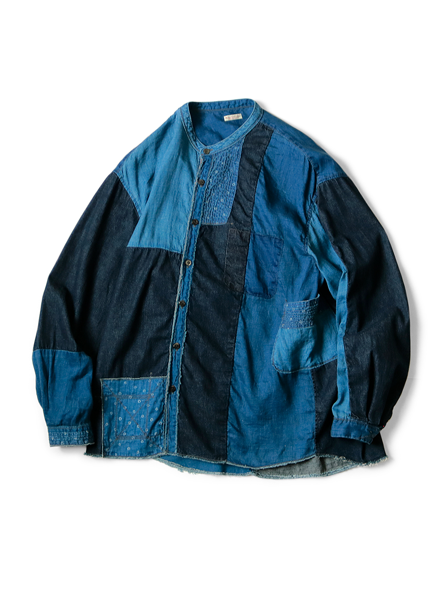 キャピタル　綿×リネンIDGパッチワークバンドカラーカトマンズシャツ(インディゴ KAPITAL IDG パッチワーク バンドカラー カトマンズシャツ キャピタル