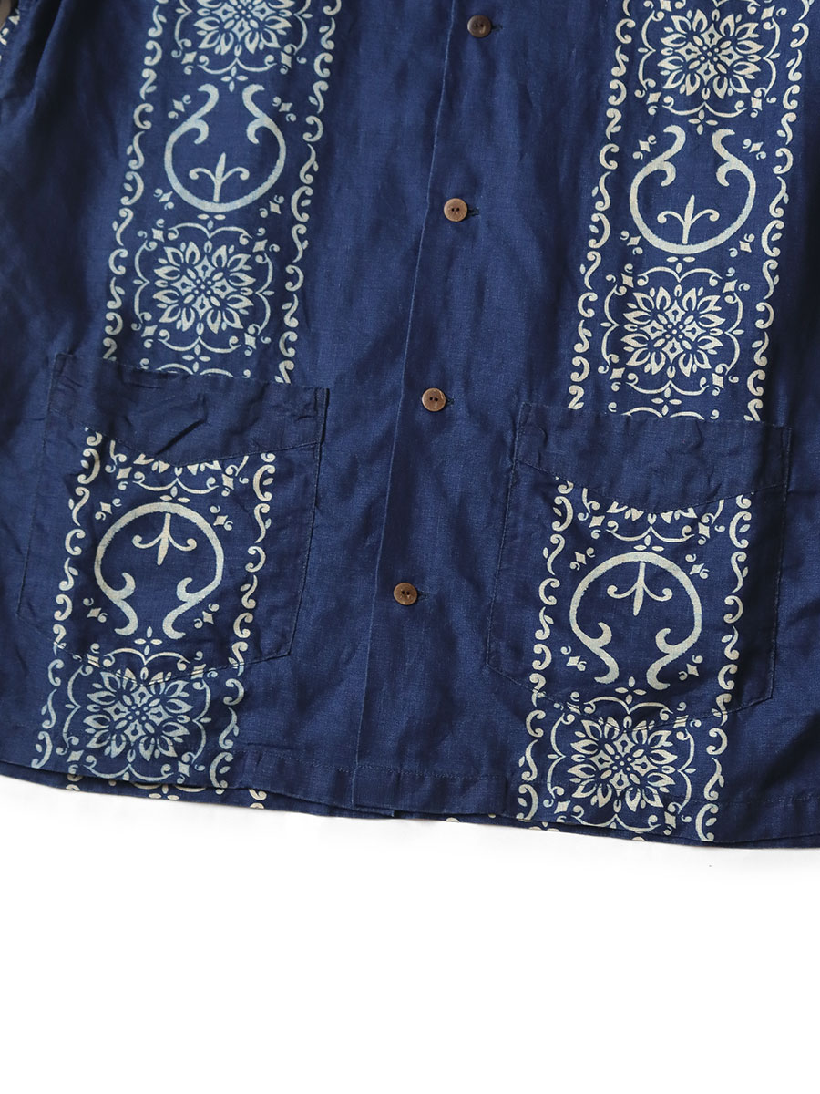 フレンチクロスリネン ハバナナジャ柄 ラングルカラーキューバシャツ