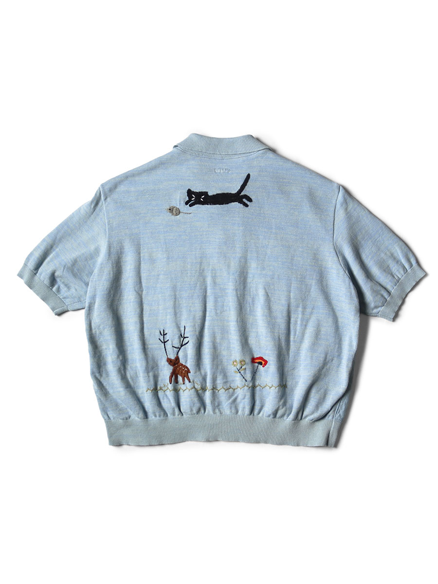 ニット×シャンブレー ポロシャツ（カラスとネコ刺繍） | KAPITAL