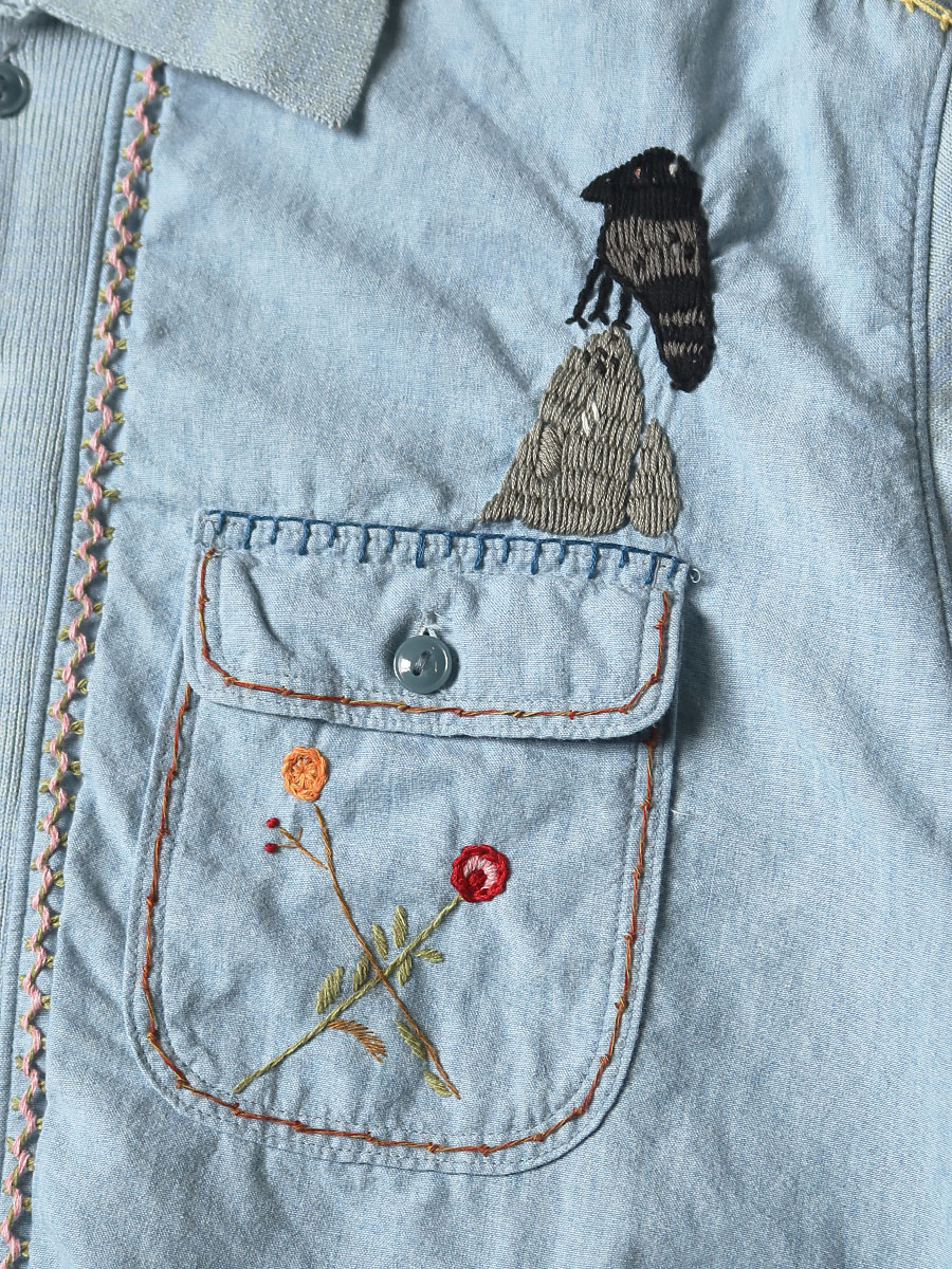 ニット×シャンブレー ポロシャツ（カラスとネコ刺繍） | KAPITAL