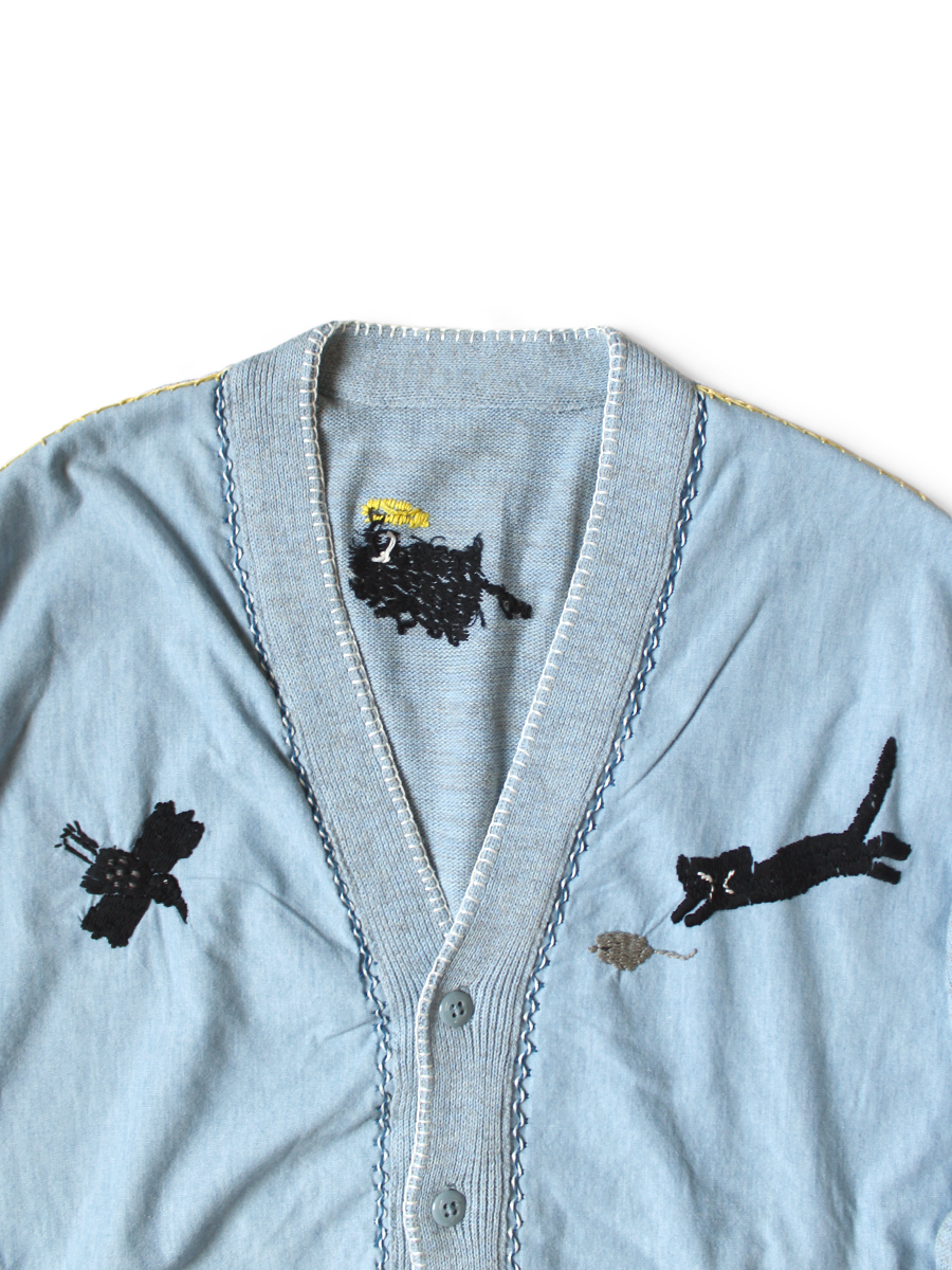 ニット×シャンブレー カーディガン(カラスとネコ刺繍) | KAPITAL
