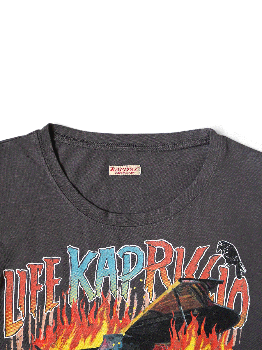 国内外ラッパーに超人気! KAPITAL Burning Piano 天竺Tシャツ KAPITAL - 20/-天竺 クルーT (BURNING ピアノpt) - BLUE NEON