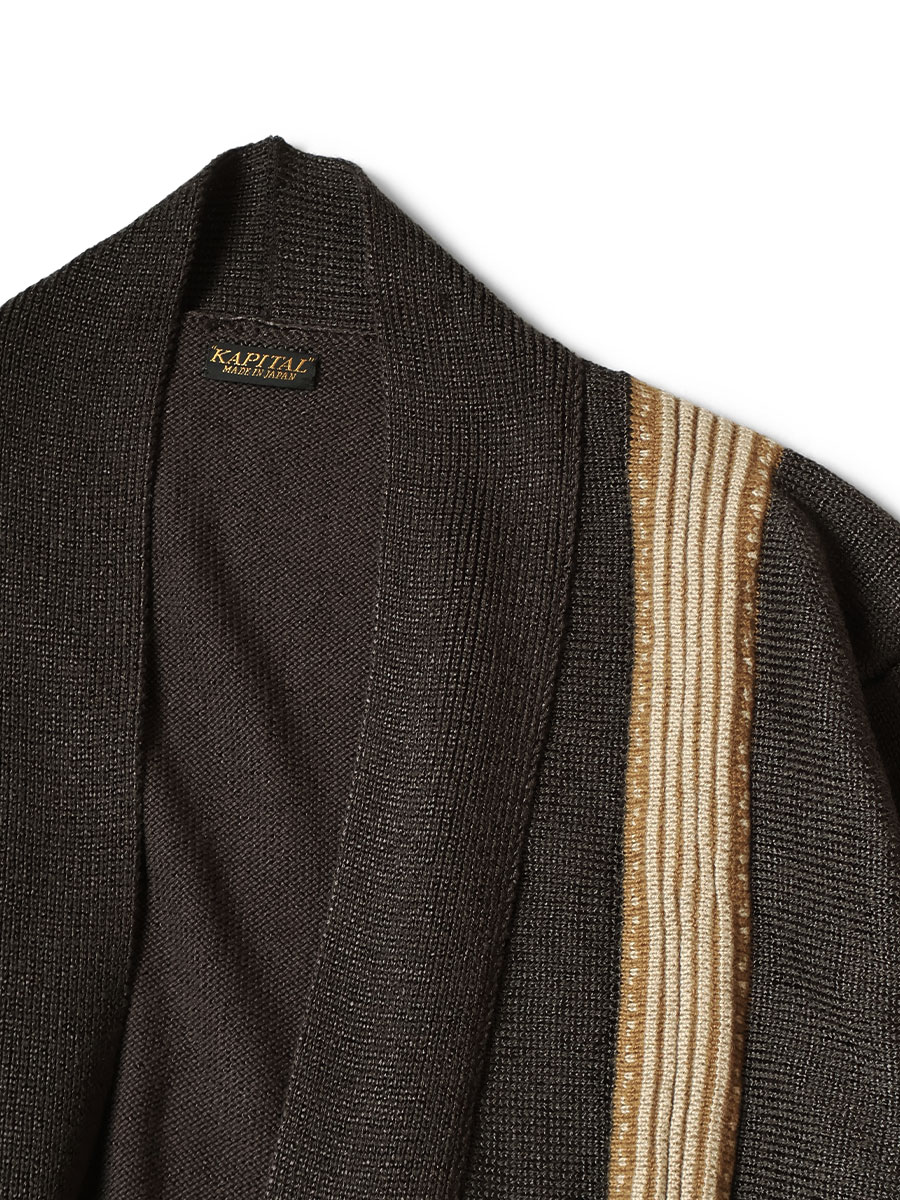 KAPITAL オリーブ色 ロングカーディガン 7G レトロ縞柄 オペラカーディガン | KAPITAL